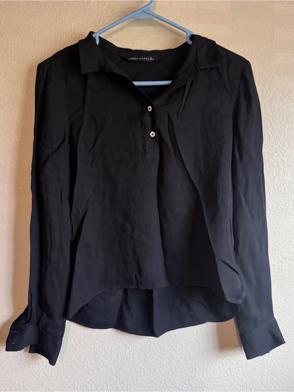 Zara Black Long-Sleeve Collared Blouse